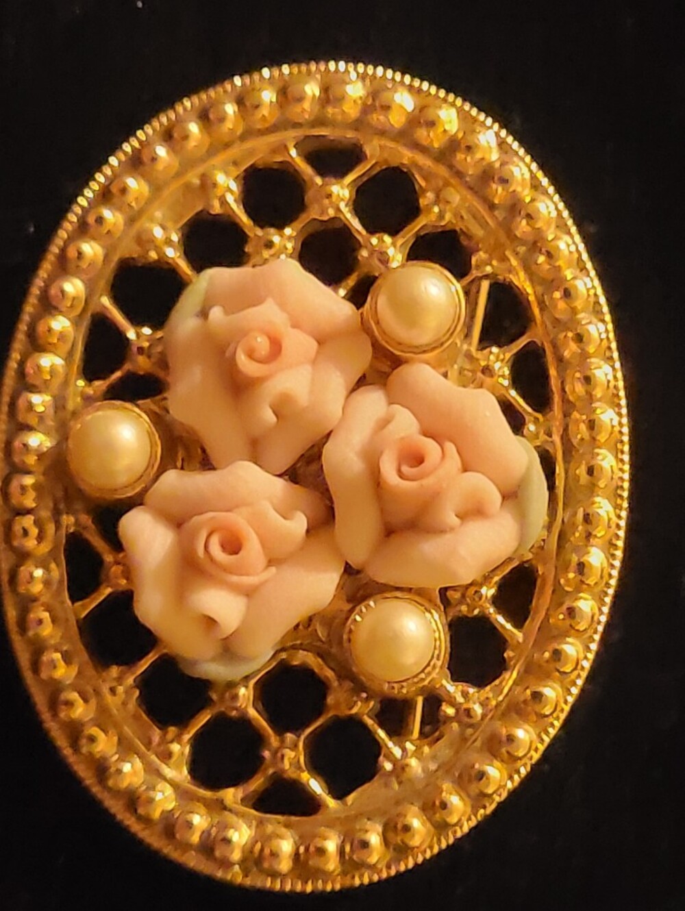 Vintage 1928 Jewelry Co. Victorian Style Pink Porcelain Rose & Faux Pearl Brooch